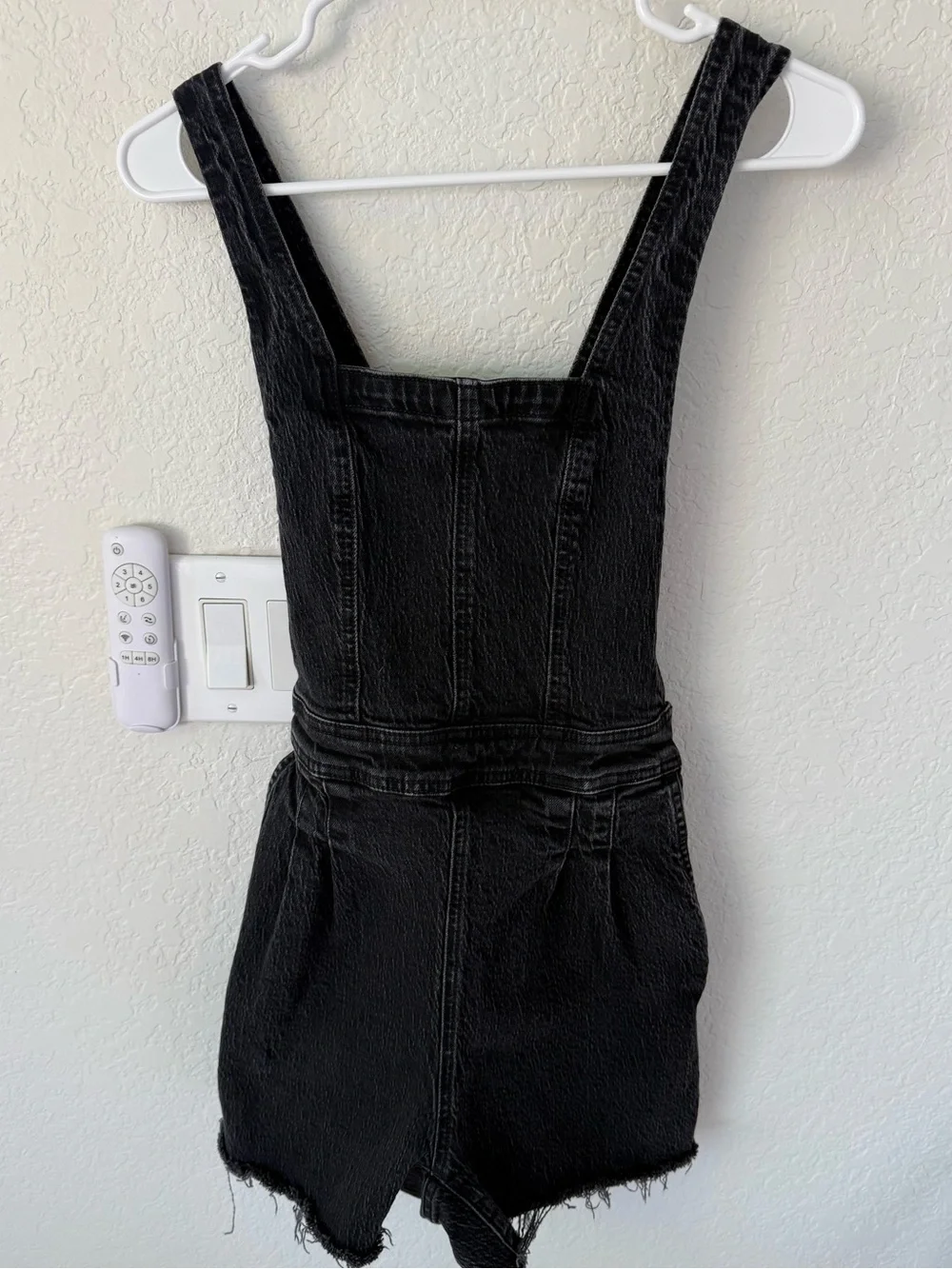 Madewell Black Denim Short Overalls with Frayed Hem